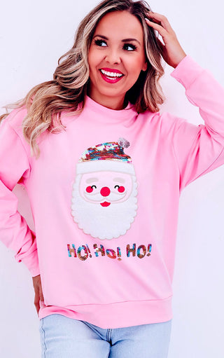 Pink HO HO HO Sequin Santa Sweatshirt, SM-2X