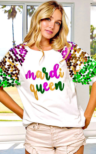 Mardi Gras Queen Chenille Patch Sequin Sleeves Shirt