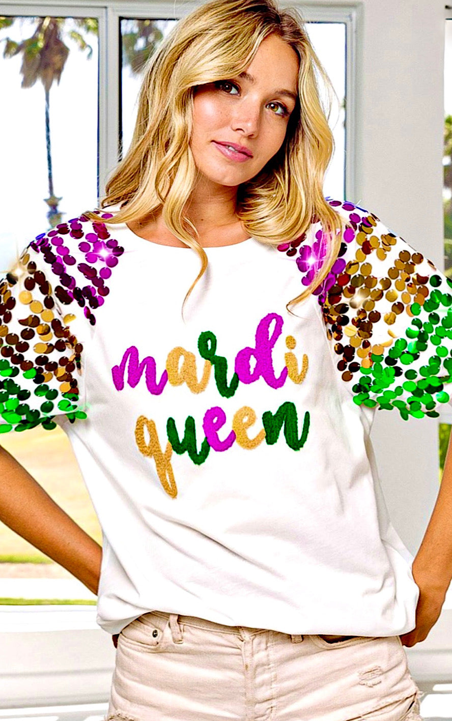 Mardi Gras Queen Chenille Patch Sequin Sleeves Shirt