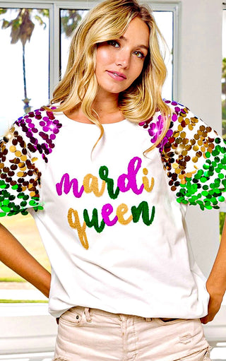 Mardi Gras Queen Chenille Patch Sequin Sleeves Shirt