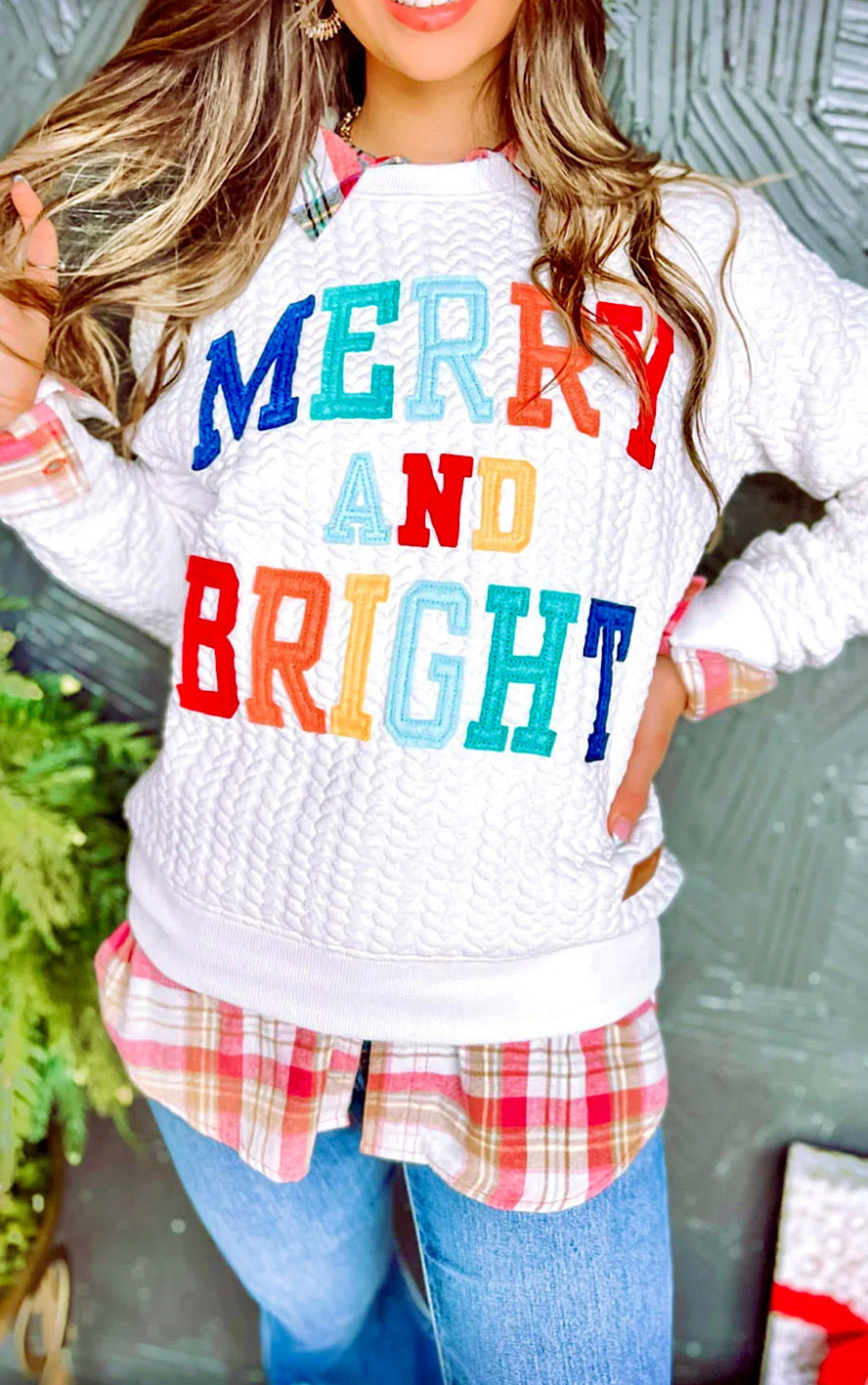 Merry And Bright White Quilted Sweatshirt, SM-2X