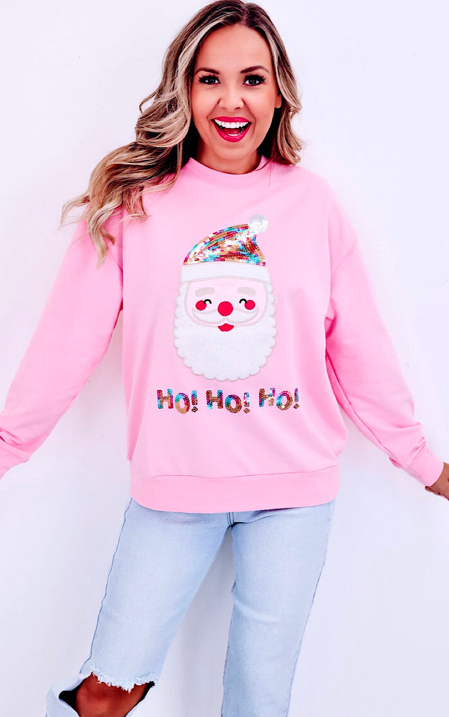 Pink HO HO HO Sequin Santa Sweatshirt, SM-2X