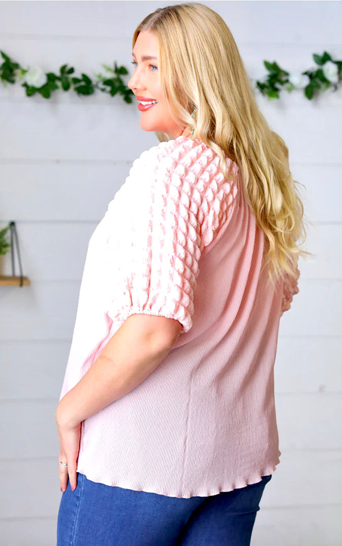 Copy of Dream Date Pink Bubble Sleeve Top, LARGE runs large!
