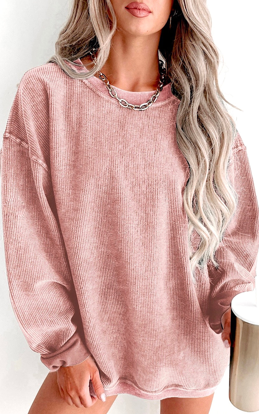 Cozy Casual Pink Corded Sweatshirt, SM-2X