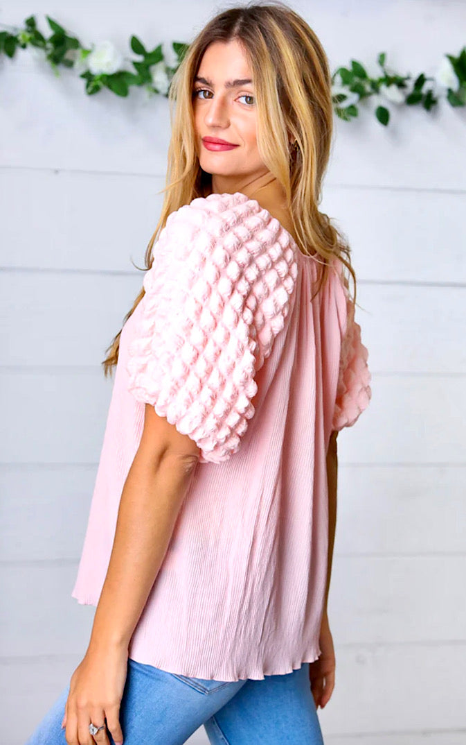 Copy of Dream Date Pink Bubble Sleeve Top, LARGE runs large!