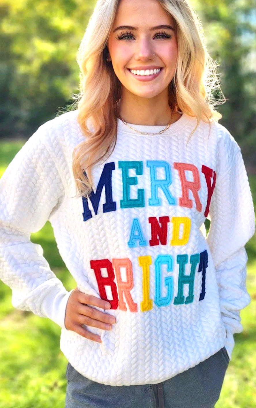 Merry And Bright White Quilted Sweatshirt, SM-2X