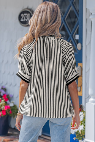 Black Stripe Polo Collar Half Zip Puff Sleeve Blouse