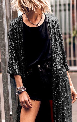 Sparkling Sensation Sequin Duster Kimono, BLACK & BEIGE