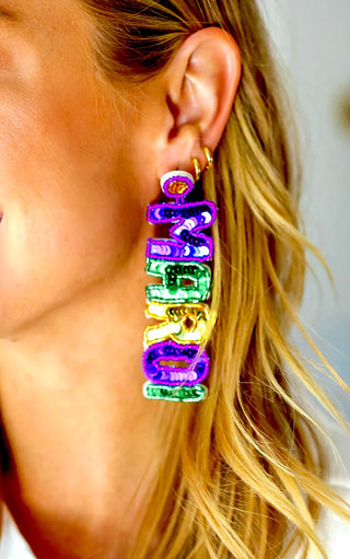 Mardi Gras Words Sequin & Beaded Earrings