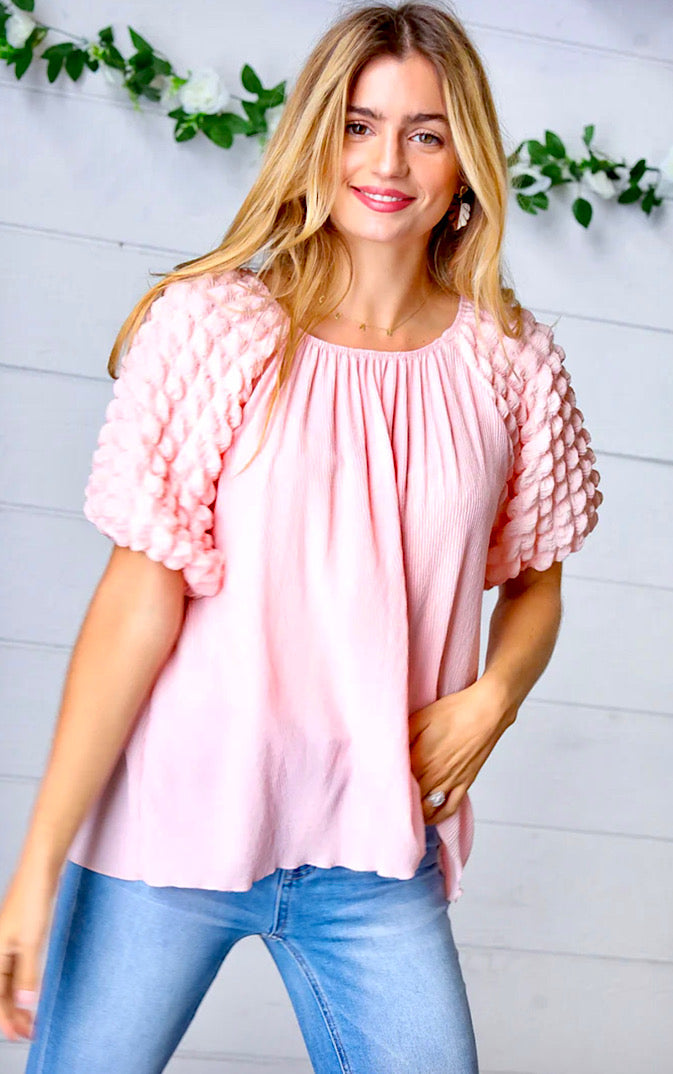 Copy of Dream Date Pink Bubble Sleeve Top, LARGE runs large!
