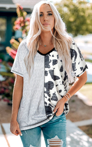 Showing Off Grey Striped Animal Print Top