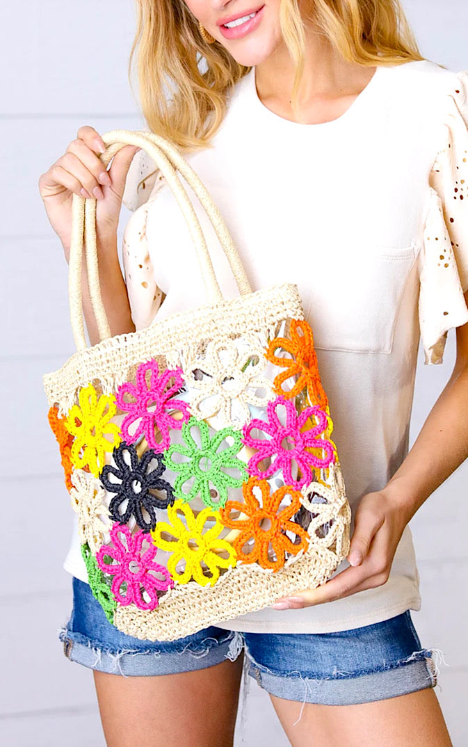 Freshly Picked Multicolor Floral Straw Tote