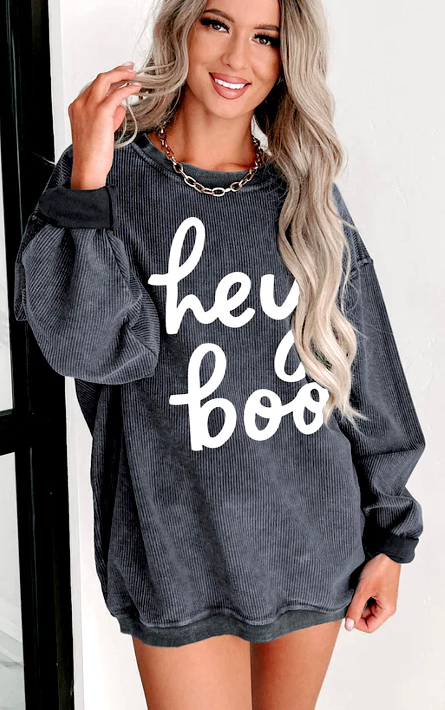 Hey Boo Grey Corded Graphic Sweatshirt