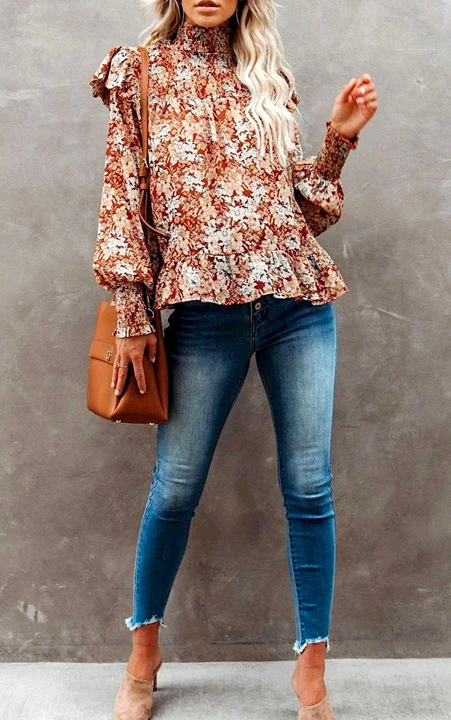 Autumn Chic Floral Smocked Neck Top