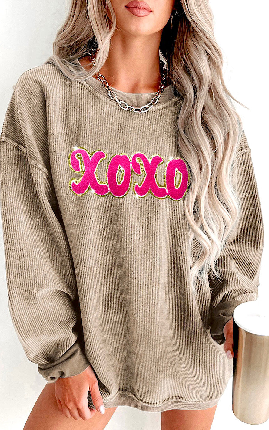 XOXO Sequin Patch Corded Sweatshirt, SM-2X, THREE COLORS!