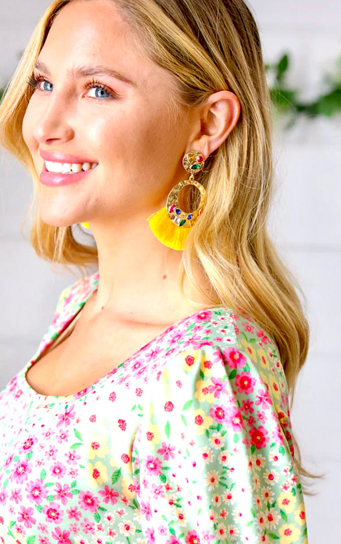 Canary Yellow Rhinestone Tassel Gold Earrings