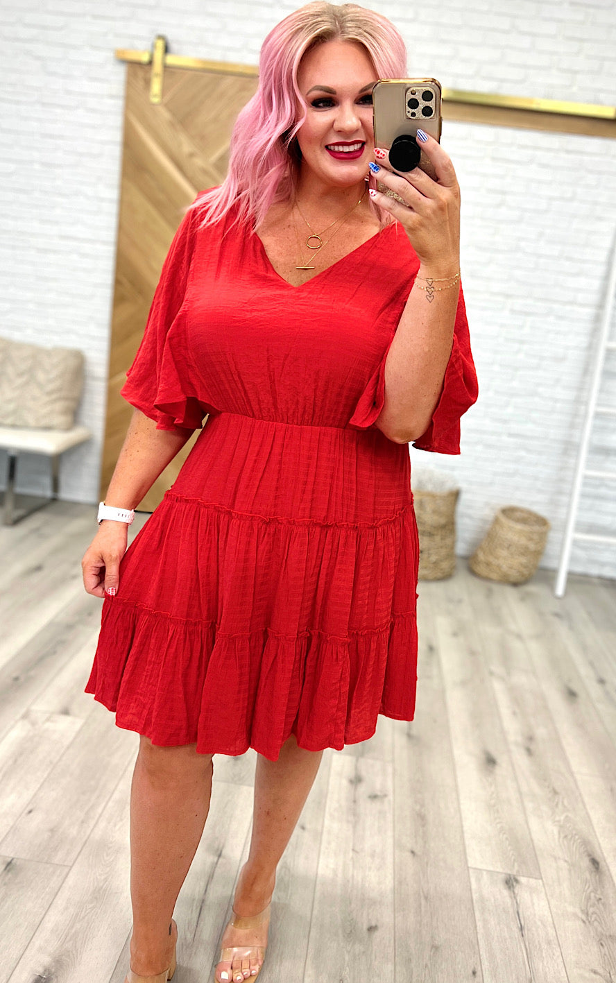Red Hot Flutter Sleeve Dress, SM-3X