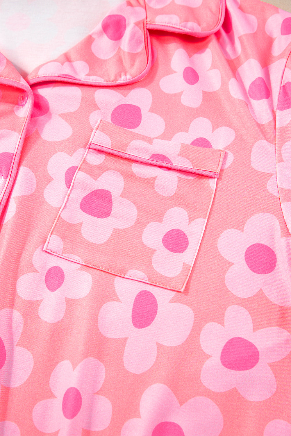 Pink 60s Flower Print Buttoned Shirt and Drawstring Waist Pajama Set