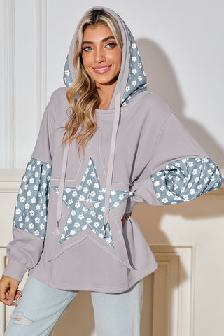 Delicacy Floral Patchwork Star Pattern Drawstring Hoodie