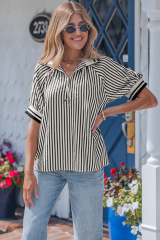 Black Stripe Polo Collar Half Zip Puff Sleeve Blouse