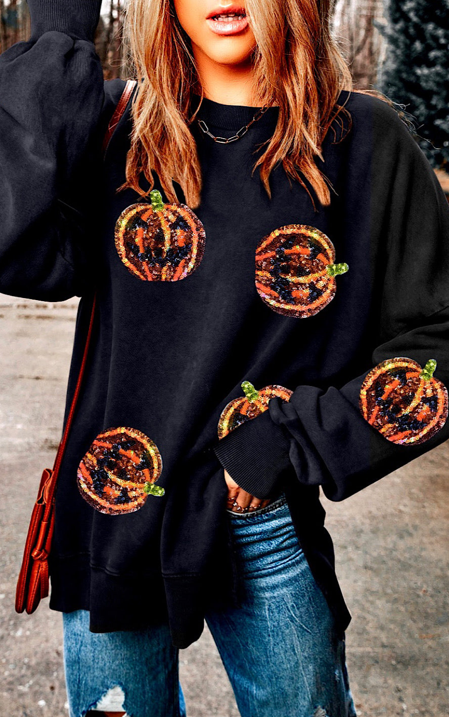 Sequin Pumpkin Black Side Slit Sweatshirt, SM-2X