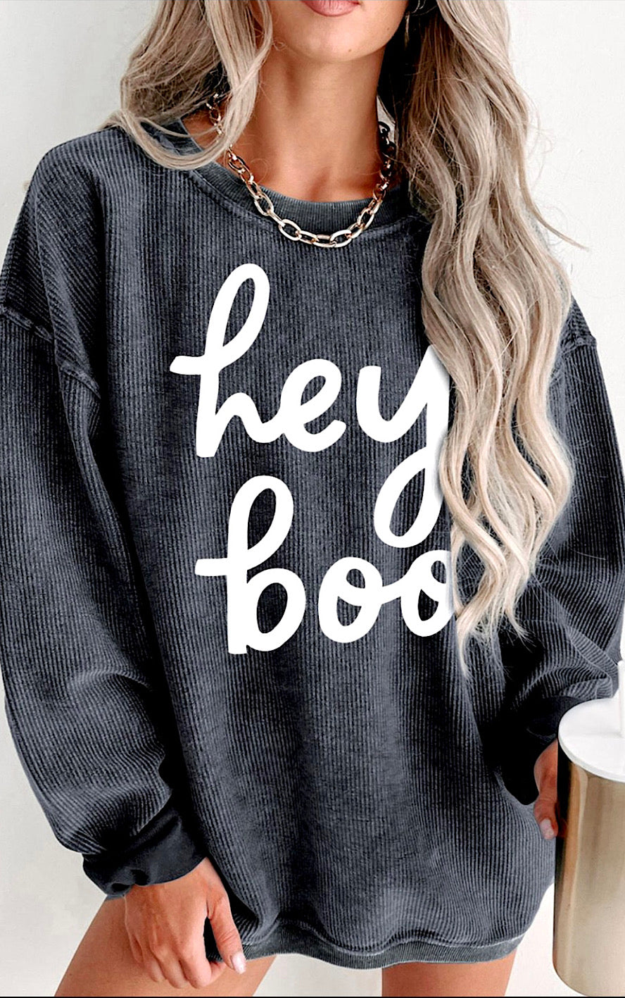 Hey Boo Grey Corded Graphic Sweatshirt
