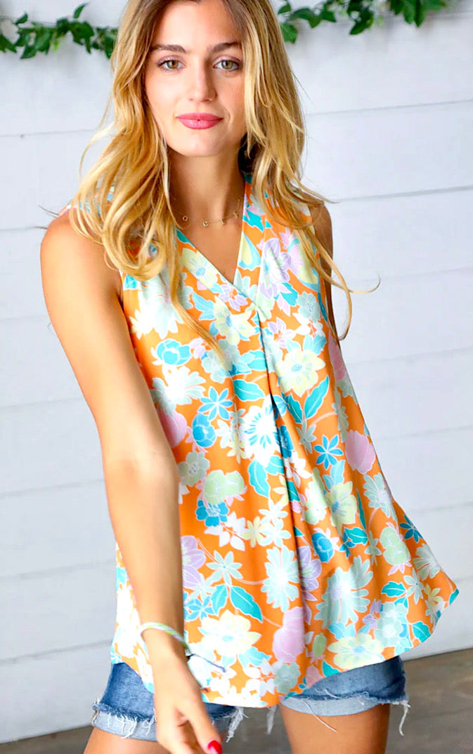 Tangerine & Turquoise Floral Sleeveless Top, SM-3X
