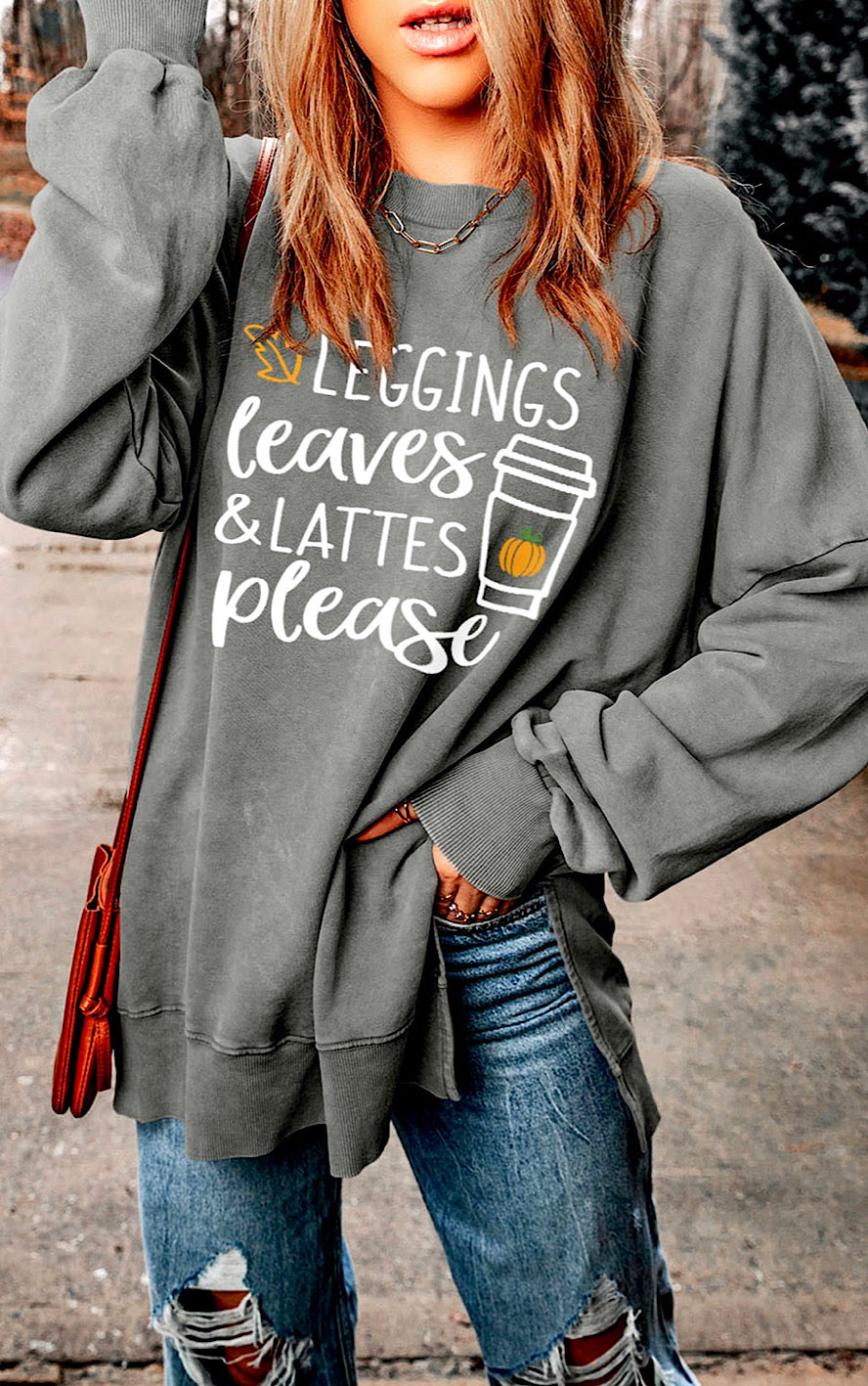 Leggings Leaves Lattes Grey Sweatshirt