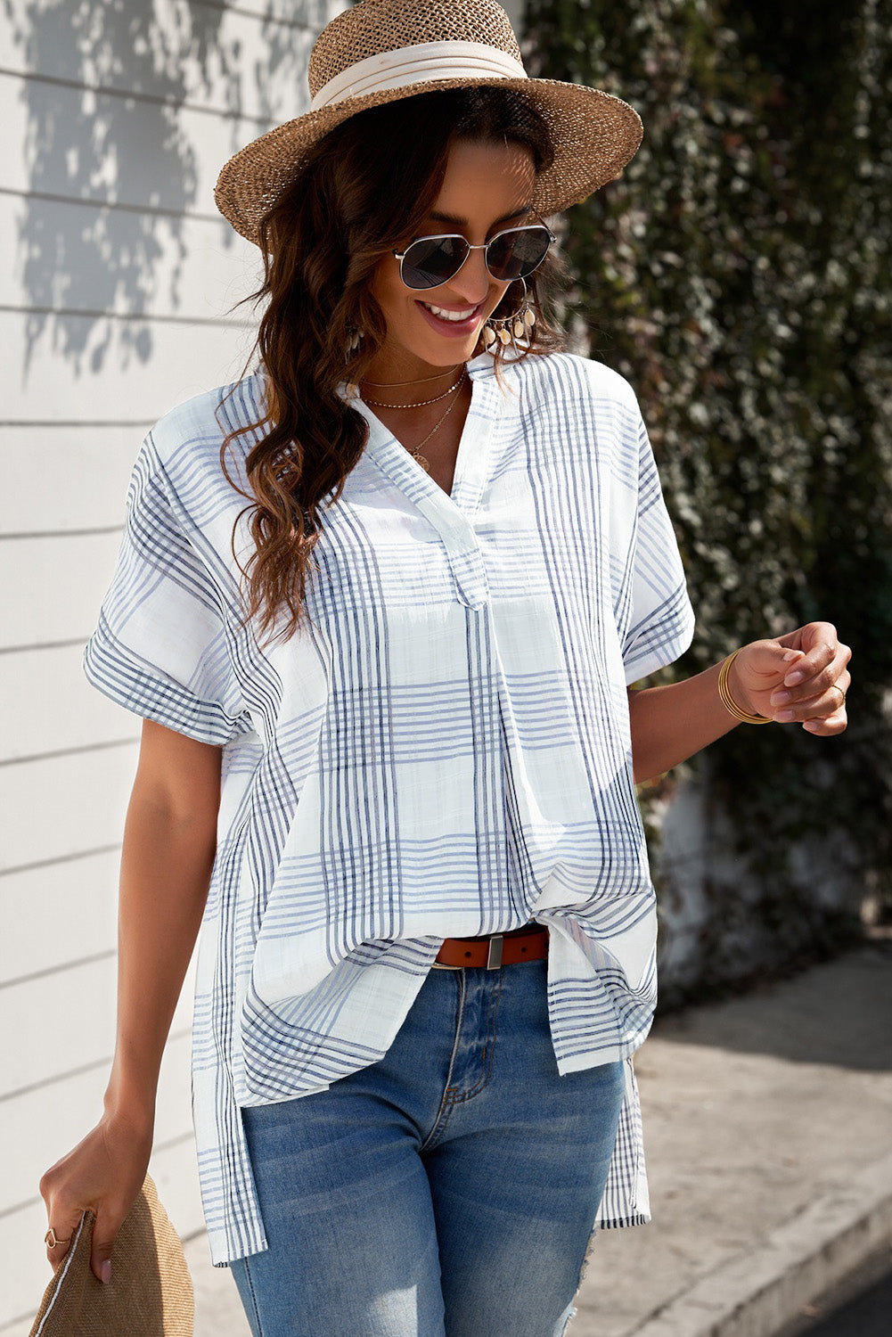 Grey Plaid Notched Side Slit Top, SMALL