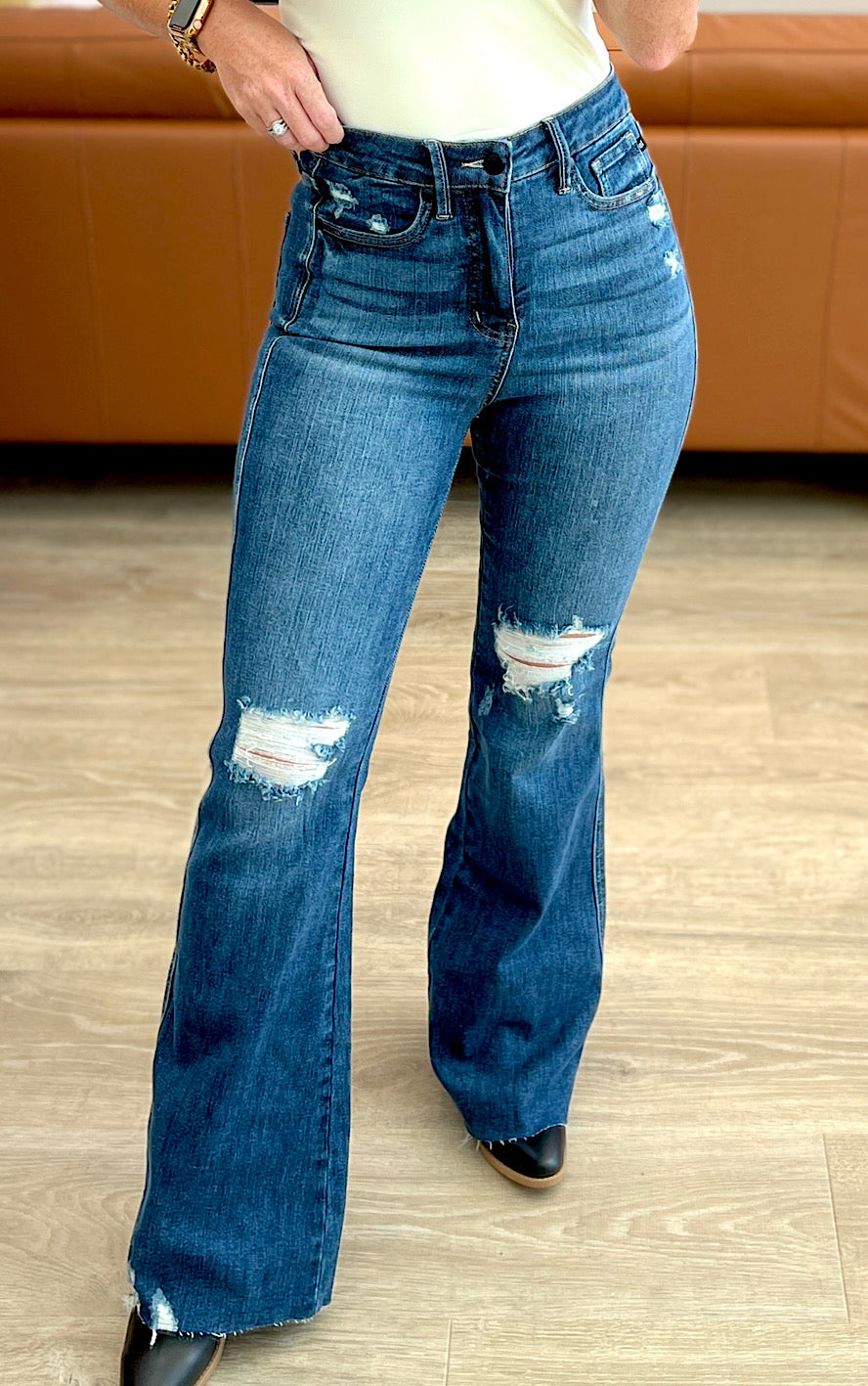 Cassandra High Rise Control Top Distressed Flare Jeans