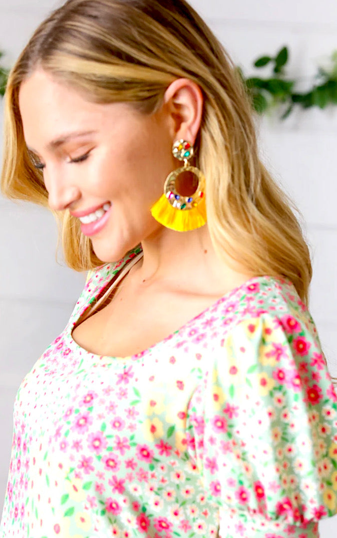 Canary Yellow Rhinestone Tassel Gold Earrings