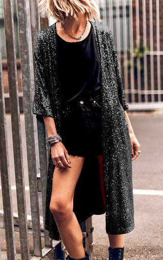 Sparkling Sensation Sequin Duster Kimono, BLACK & BEIGE