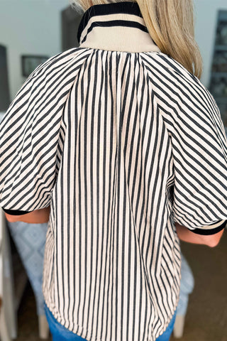 Black Stripe Polo Collar Half Zip Puff Sleeve Blouse