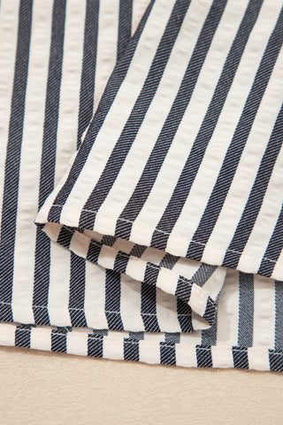 Black Stripe Polo Collar Half Zip Puff Sleeve Blouse