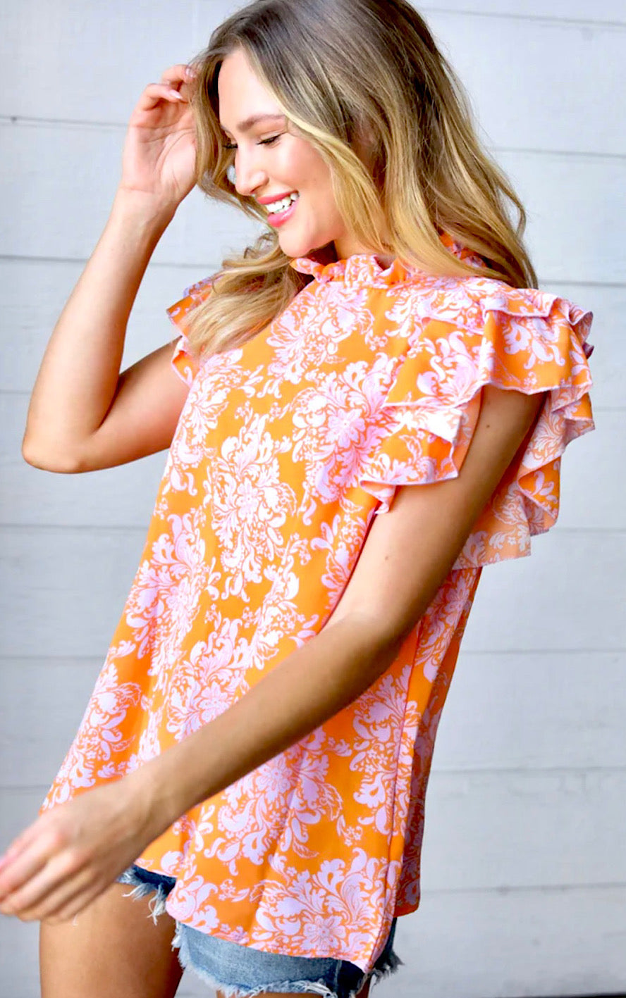 Princess Vibes Tangerine & Lilac Flutter Sleeve Top, SM-3X