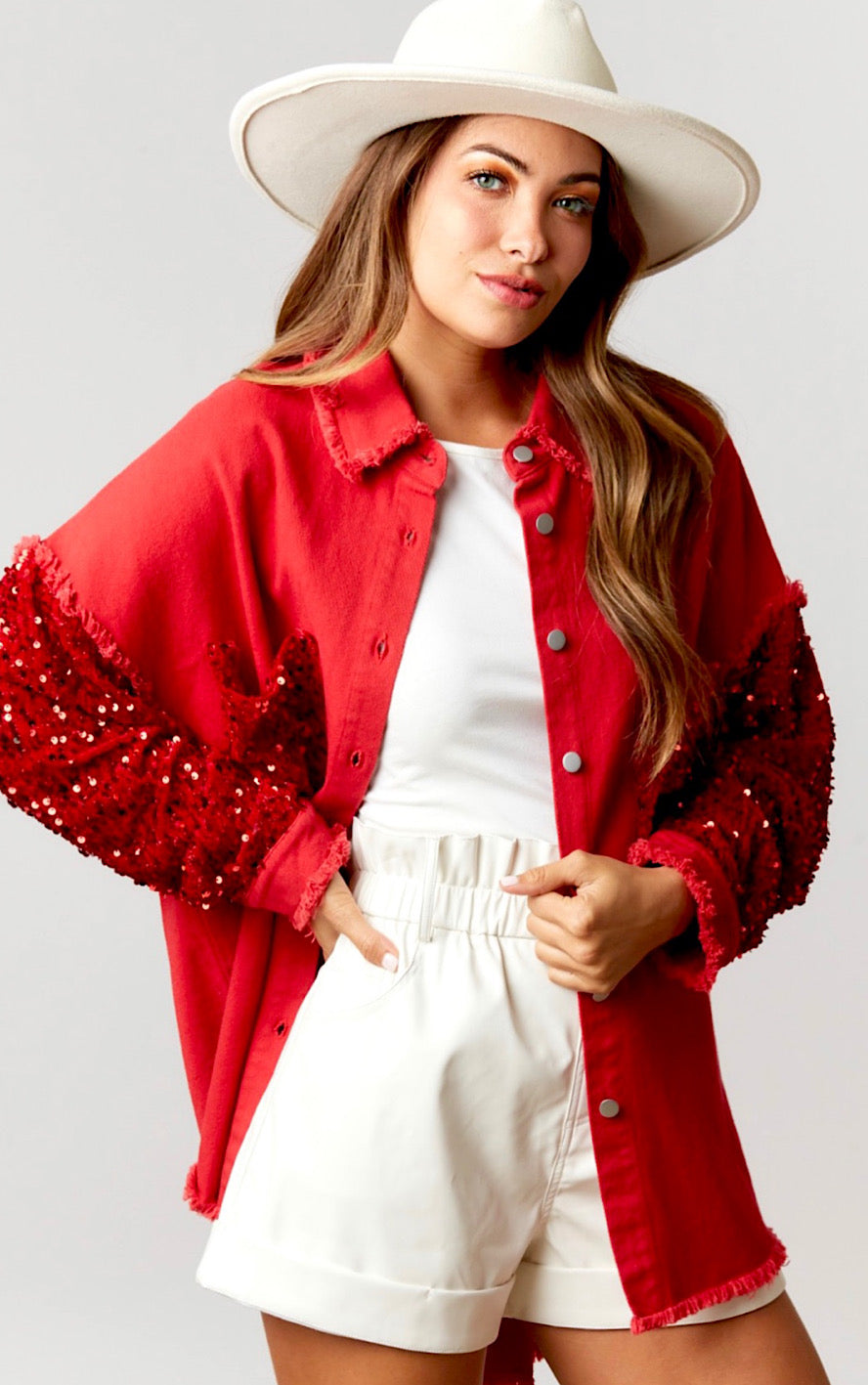 Big Apple Red Sequin Sleeve Shacket