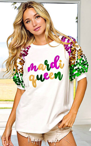 Mardi Gras Queen Chenille Patch Sequin Sleeves Shirt