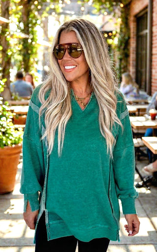 Happy Days Ahead Split Hem V-Neck Green Sweatshirt