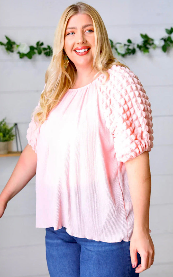 Copy of Dream Date Pink Bubble Sleeve Top, LARGE runs large!