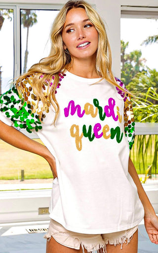 Mardi Gras Queen Chenille Patch Sequin Sleeves Shirt