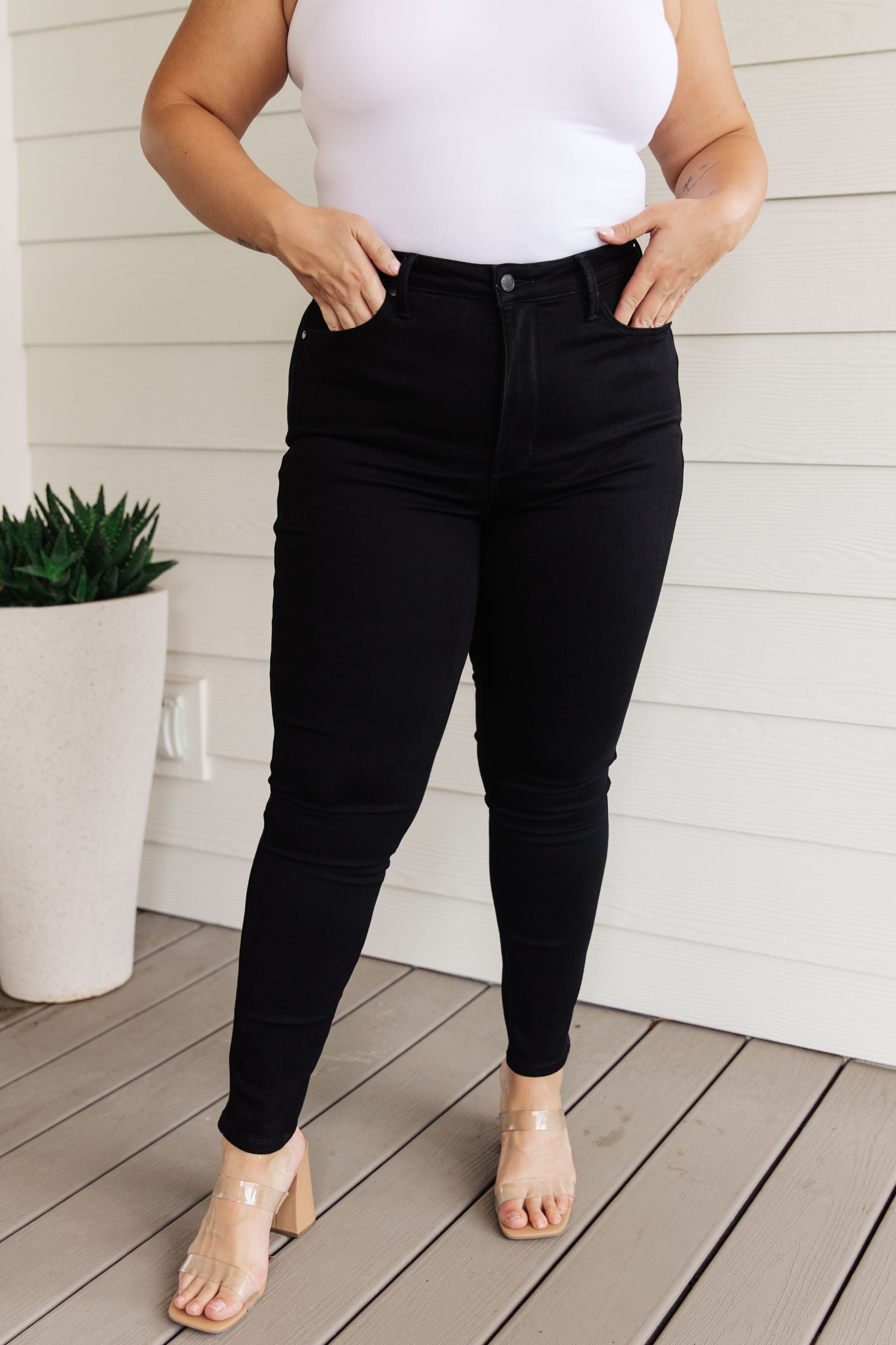 Style Icon Black Tummy Control Skinny Jeans by Judy Blue, SIZES 0-24W