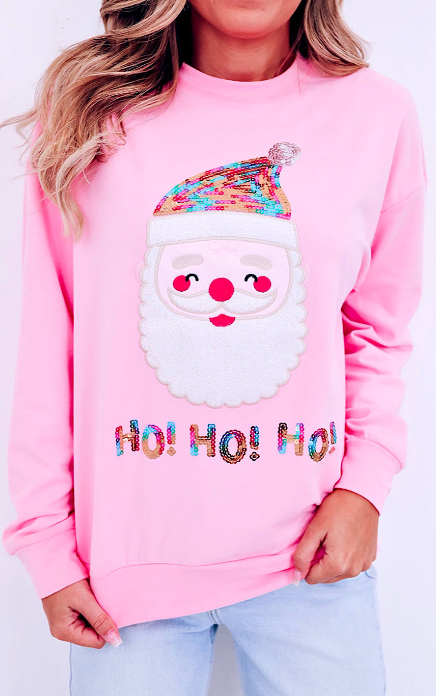 Pink HO HO HO Sequin Santa Sweatshirt, SM-2X