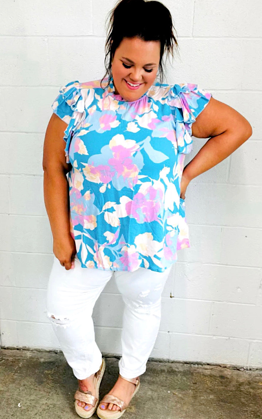 Paradise Found Sky Blue Floral Flutter Sleeve Top, SM-3X