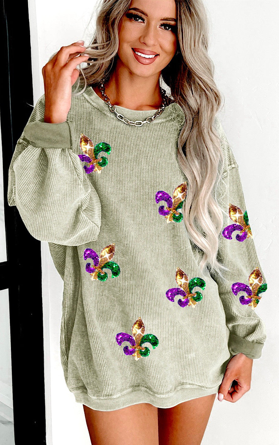 Mardi Gras Sequin Fleur De Lis Corded Sweatshirt, SM-2X