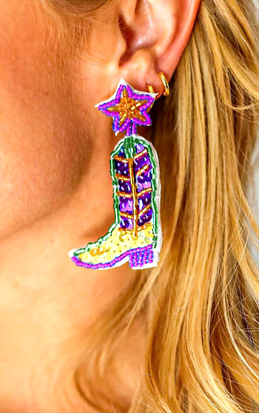 Mardi Gras Cowboy Boot Sequin & Beaded Earrings