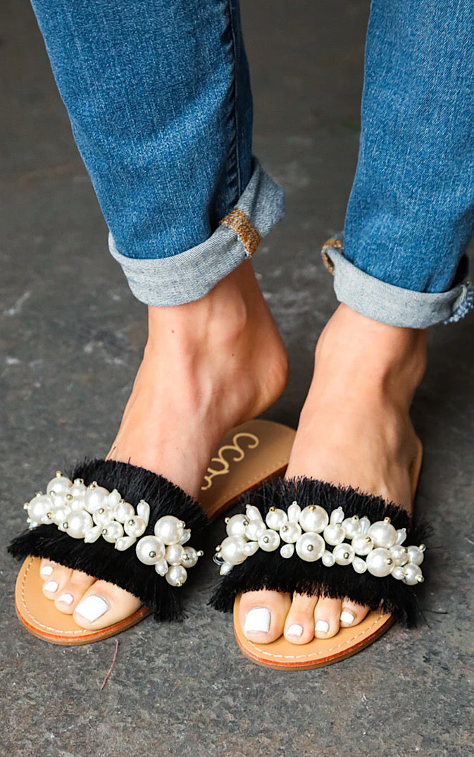 Stunning Charm Black Linen Fray Beaded Sandals