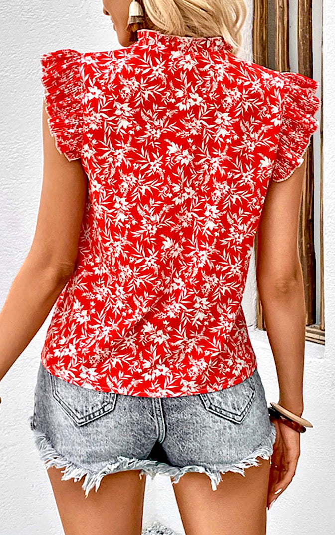 Cherry Picking Red Floral Flutter Sleeve Top