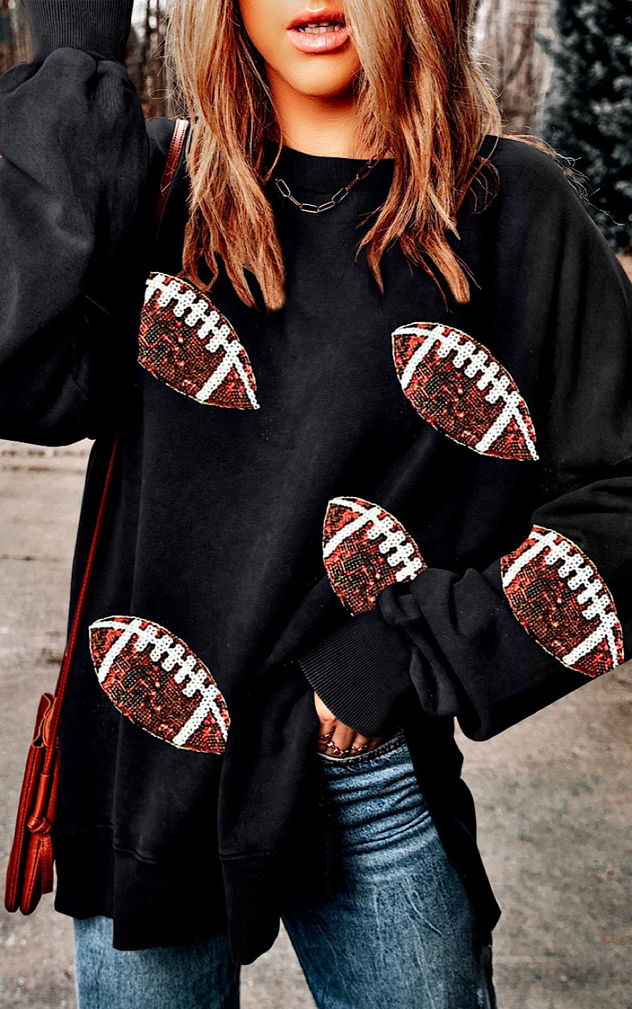 Sequin Football Black Side Slit Sweatshirt, SM-2X