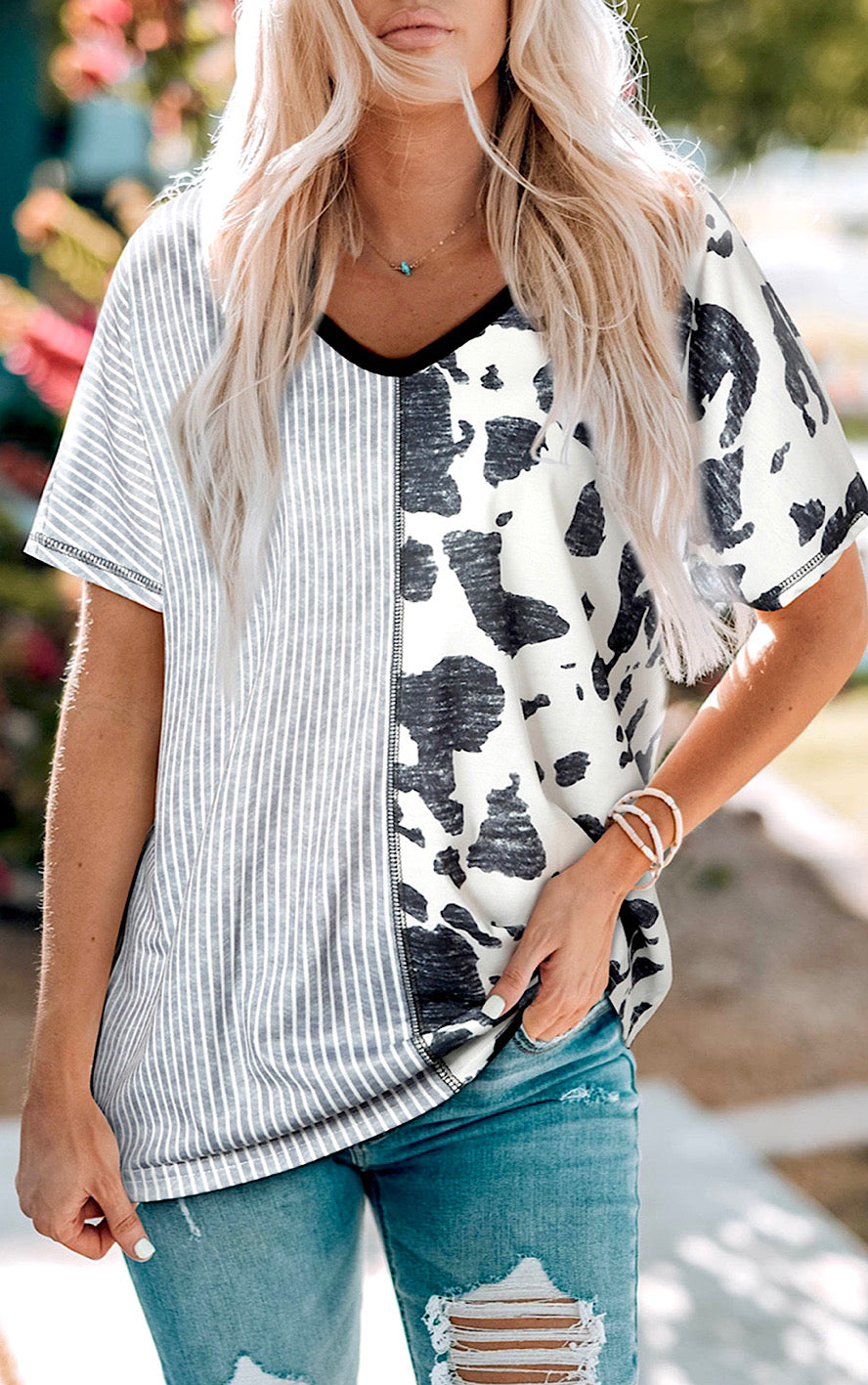 Showing Off Grey Striped Animal Print Top