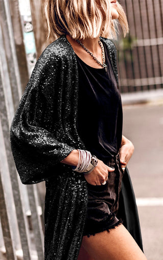 Sparkling Sensation Sequin Duster Kimono, BLACK & BEIGE